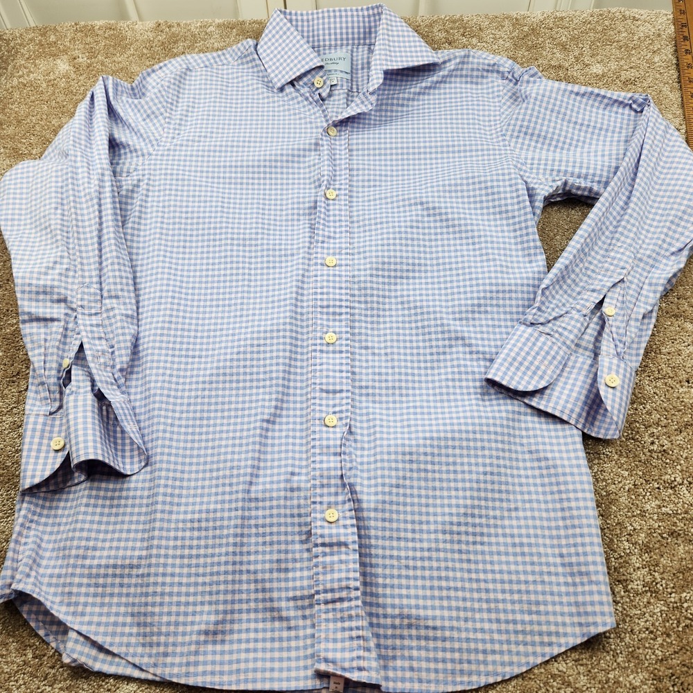 Ledbury Long Sleeve Button Down Men's Blue Pink Gingham Cotton Shirt Sz M 15 1/2